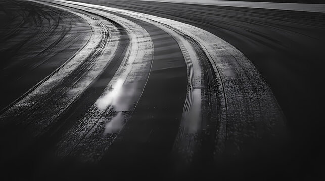 A monochromatic image of fresh tire marks on a deserted racetrack, with the patterns creating a dynamic composition that conveys the energy and tension of a race. Dynamic Composition. Illustration