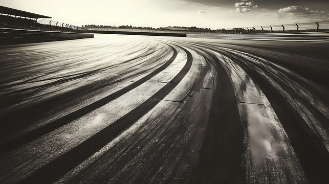 A monochromatic image of fresh tire marks on a deserted racetrack, with the patterns creating a dynamic composition that conveys the energy and tension of a race. Dynamic Composition. Illustration