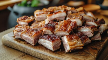 Juicy Crispy Pork Belly Slices on Wooden Board