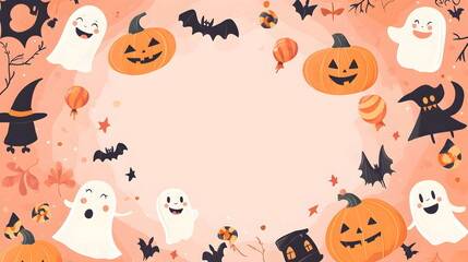 Obraz premium Flat vector illustration of adorable Halloween characters, baby vampires, tiny ghosts, and cartoonish bats flying around a pastel pink and blue background with text space