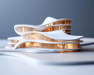 Large-scale 3D building model with smooth white surfaces and intricate wooden detailing, futuristic architecture
