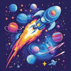 Vibrant T-shirt with a rocket in a cosmic landscape, colorful nebulae, and playful aliens.