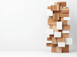 Tall 3D building mass model with stacked wooden blocks and white elements, vertical city concept