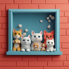 Pet shop window display with cats and dogs looking out, 3D illustration