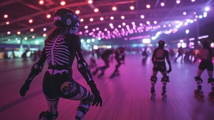 Creepy Halloween-themed American roller derby skaters dressed as skeletons and witches