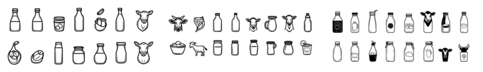 Milk and dairy editable stroke outline icons set isolated on white background. Pixel perfect.