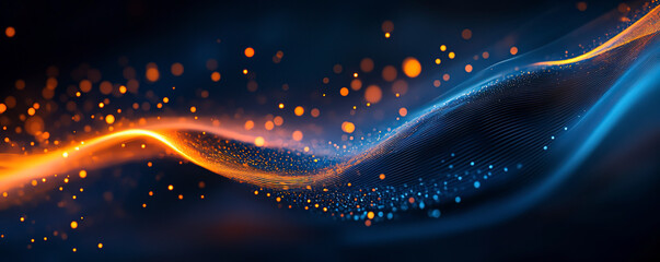 Abstract background with swirling, colorful ribbons of light in shades of dark blue and orange