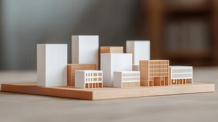 3D massing model of interconnected buildings using white volumes and wood textures, modern urban design