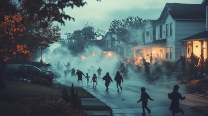 Eerie Halloween block party in an American suburb houses decorated with skeletons and ghosts