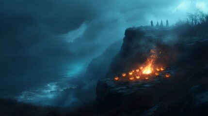 Fototapeta premium Eerie Halloween bonfire on an American cliffside glowing pumpkins surrounding the fire