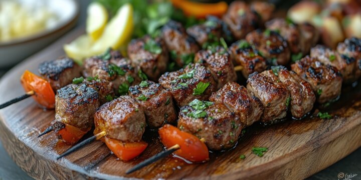 Front view of Ciger Sis with Turkish liver kebap, featuring skewered and grilled liver pieces