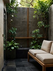 Spa garden with jasmine vines, open-air rain shower, and stone benches.