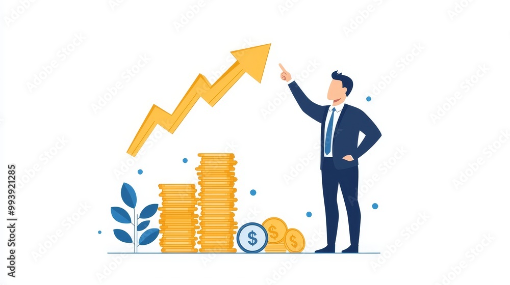 Poster businessman pointing at rising arrow with graph elements