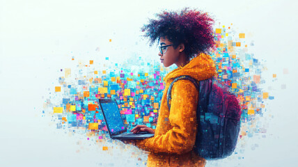 a teen with a lap top with a background full of Ai symbols cartoon like minimalist colorful bright
