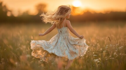 Silhouette of a young girl with flowing hair and dress spinning joyfully in a golden lit meadow at sunset, capturing the essence of childhood freedom