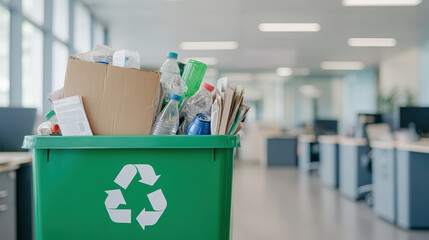 Overflowing Green Recycle Bin in Office Environment