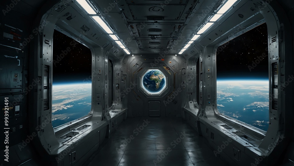 Poster spaceship corridor with earth visible through a window.