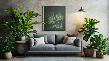Rustic sofa and side table, potted houseplants against wall with poster, scandinavian home interior design of modern living room