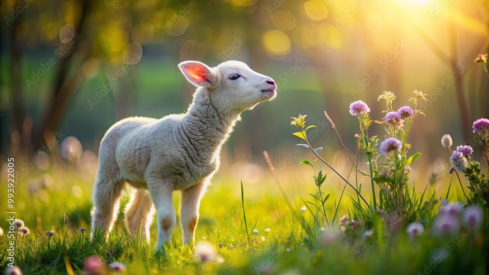 Wall mural a baby lamb stands in a sunlit meadow, surrounded by flowers, embodying innocence and the beauty of 