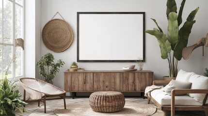 Scandinavian, boho interior design of modern living room with cabinet and mock up blank frame