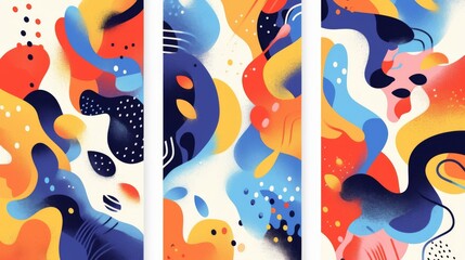 Obraz premium Set of 3 modern abstract covers featuring minimalistic design with colorful geometric backgrounds. 
