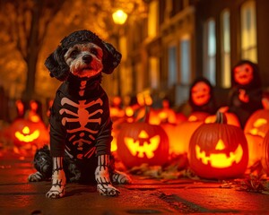 Eerie Halloween pet parade through a historic American town dogs dressed as ghosts and skeletons
