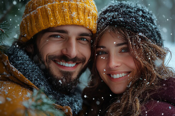 Joyful couple laughing in the snow by an evergreen tree.