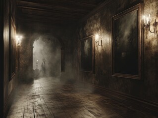 Fototapeta premium Eerie Halloween-themed art gallery in an old American building paintings of haunted landscapes