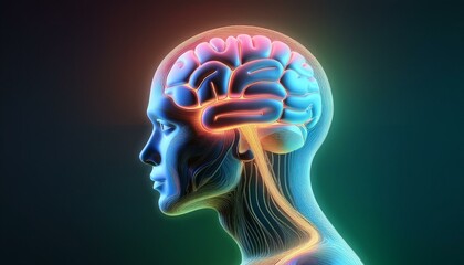 Bright idea concept. Human brain glowing neon design on dark background