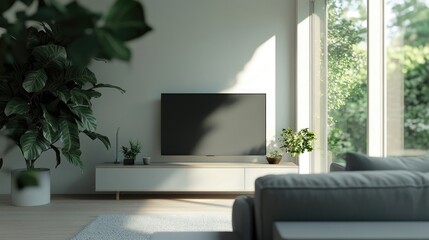 Scandinavian minimalist home interior design of modern living room Grey sofa near floor to ceiling window against tv unit