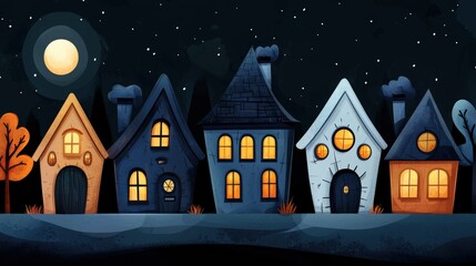 Fototapeta premium Charming houses against a night sky with glowing windows and a full moon.