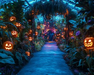 Fototapeta premium Eerie Halloween-themed botanical garden in an American city glowing jack-o-lanterns lighting the paths