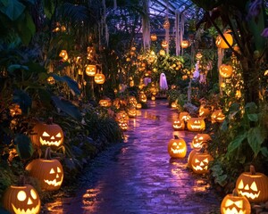 Eerie Halloween-themed botanical garden in an American city glowing jack-o-lanterns lighting the paths
