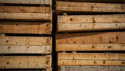 Stacked wooden beams showcasing rich textures for construction projects.