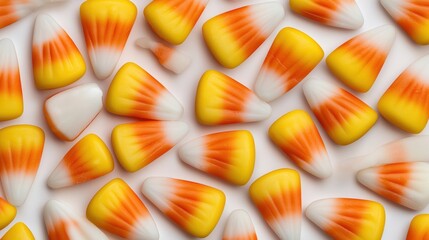 Fototapeta premium Colorful candy corn candies on a white background, perfect for Halloween treats.