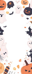 Halloween vector card, featuring a group of kawaii-style characters: tiny pumpkins, cute witches, and smiling black cats, framed by soft pastel colors. Minimalist style, room for text in the center