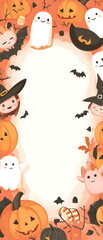 Naklejka premium Halloween vector card, featuring a group of kawaii-style characters: tiny pumpkins, cute witches, and smiling black cats, framed by soft pastel colors. Minimalist style, room for text in the center