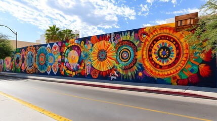 A brightly colored street mural showcasing various cultural symbols, promoting unity