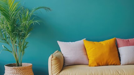 Sofa with multicolored pillows and wicker pot with houseplant against teal wall with copy space Scandinavian home interior design of modern living room