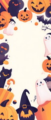 Fototapeta premium Halloween vector card, featuring a group of kawaii-style characters: tiny pumpkins, cute witches, and smiling black cats, framed by soft pastel colors. Minimalist style, room for text in the center