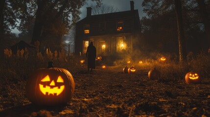 Eerie Halloween-themed ghost hunt through a historic American village glowing jack-o-lanterns lighting the way