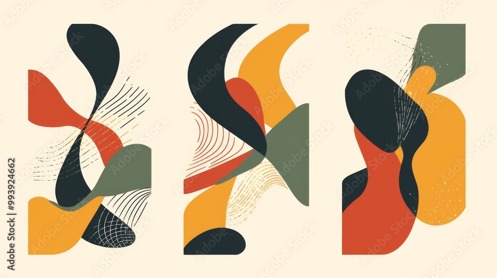 Poster set of 3 modern abstract elements in minimal design, featuring vector illustrations in orange, green