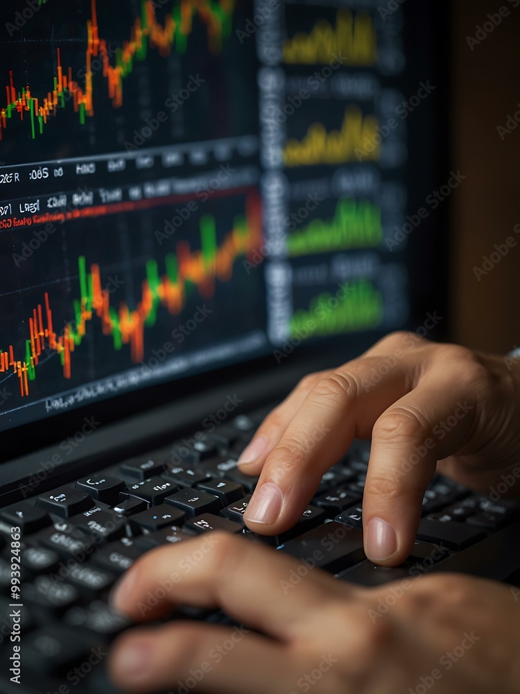 Aufkleber stock trader's hands typing on a keyboard, charts displayed behind.
