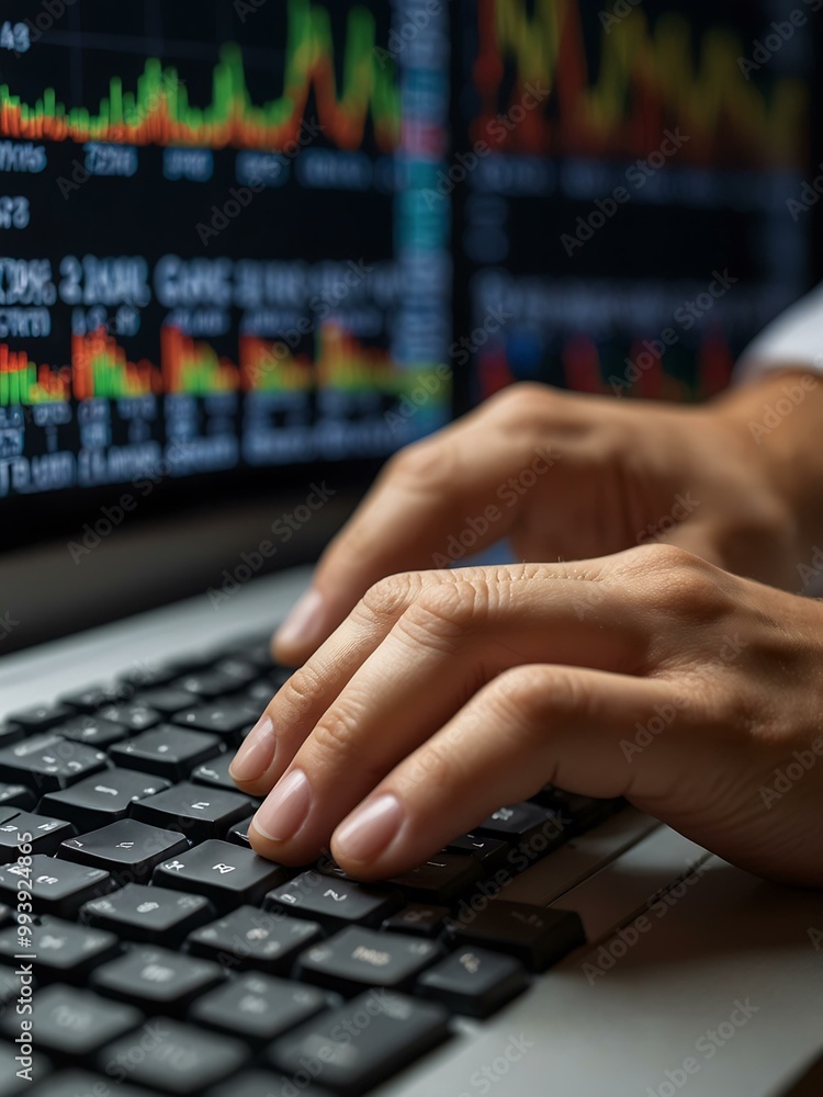 Poster stock trader's hands typing on a keyboard, charts displayed behind.