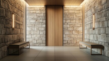 Stone and wood paneling wall in minimalist hallway Luxury home interior design of modern entrance hall with door and benches