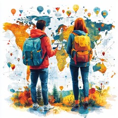 Young Adults Exploring a Colorful Travel Map
