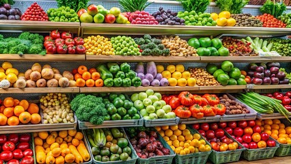 A vibrant display of assorted fruits and vegetables arranged on wooden shelves, showcasing a variety of colors and textures.