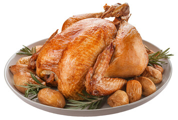 Roasted turkey on a plate, isolated on a transparent background.