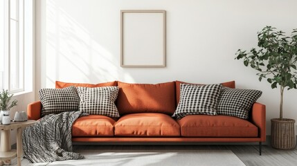 Terra cotta sofa with plaids and pillows against of white wall with art poster frame Scandinavian interior design of modern living room