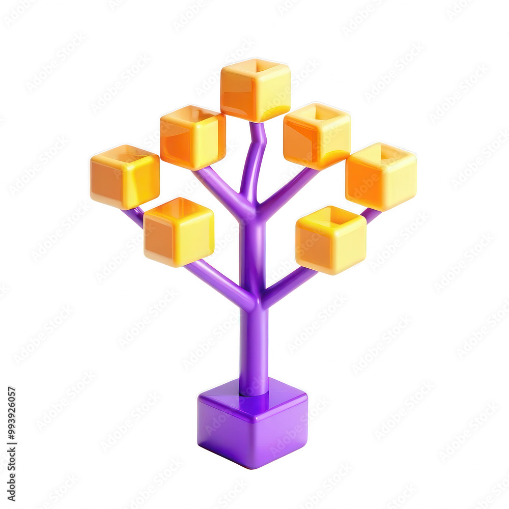 Poster a vibrant 3d render of a tree with purple branches and yellow blocks, designed with a playful aesthe